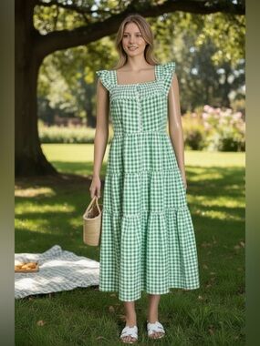Old Navy Green Gingham Midi Dress Size L Tiered Seersucker Cottagecore Summer